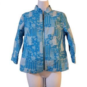 Christopher & Banks Womens High Neck Jacket Size PS Petite Blue White 3/4 Sleeve